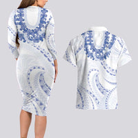 Aloha Lei Onaona Couples Matching Long Sleeve Bodycon Dress and Hawaiian Shirt Navy Blue Hawaiian Tribal Pattern
