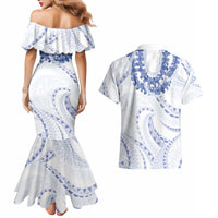 Aloha Lei Onaona Couples Matching Mermaid Dress and Hawaiian Shirt Navy Blue Hawaiian Tribal Pattern
