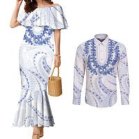 Aloha Lei Onaona Couples Matching Mermaid Dress and Long Sleeve Button Shirt Navy Blue Hawaiian Tribal Pattern