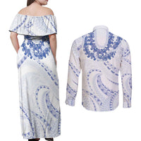 Aloha Lei Onaona Couples Matching Off Shoulder Maxi Dress and Long Sleeve Button Shirt Navy Blue Hawaiian Tribal Pattern