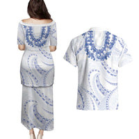 Aloha Lei Onaona Couples Matching Puletasi and Hawaiian Shirt Navy Blue Hawaiian Tribal Pattern