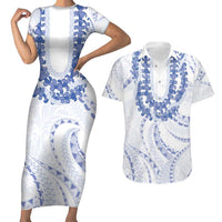 Aloha Lei Onaona Couples Matching Short Sleeve Bodycon Dress and Hawaiian Shirt Navy Blue Hawaiian Tribal Pattern