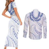 Aloha Lei Onaona Couples Matching Short Sleeve Bodycon Dress and Long Sleeve Button Shirt Navy Blue Hawaiian Tribal Pattern