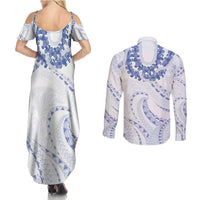 Aloha Lei Onaona Couples Matching Summer Maxi Dress and Long Sleeve Button Shirt Navy Blue Hawaiian Tribal Pattern