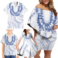 Aloha Lei Onaona Family Matching Off Shoulder Short Dress and Hawaiian Shirt Navy Blue Hawaiian Tribal Pattern