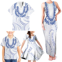 Aloha Lei Onaona Family Matching Tank Maxi Dress and Hawaiian Shirt Navy Blue Hawaiian Tribal Pattern