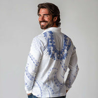 Aloha Lei Onaona Long Sleeve Polo Shirt Navy Blue Hawaiian Tribal Pattern