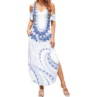 Aloha Lei Onaona Summer Maxi Dress Navy Blue Hawaiian Tribal Pattern