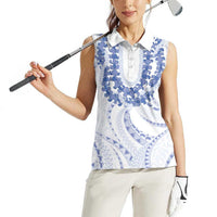 Aloha Lei Onaona Women Sleeveless Polo Shirt Navy Blue Hawaiian Tribal Pattern