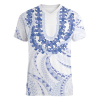 Aloha Lei Onaona Women V-Neck T-Shirt Navy Blue Hawaiian Tribal Pattern LT9 Female Blue - Polynesian Pride