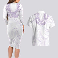 Aloha Lei Onaona Couples Matching Long Sleeve Bodycon Dress and Hawaiian Shirt Purple Hawaiian Tribal Pattern