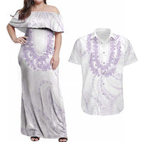Aloha Lei Onaona Couples Matching Off Shoulder Maxi Dress and Hawaiian Shirt Purple Hawaiian Tribal Pattern