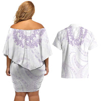 Aloha Lei Onaona Couples Matching Off Shoulder Short Dress and Hawaiian Shirt Purple Hawaiian Tribal Pattern