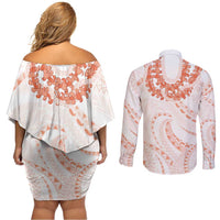 Aloha Lei Onaona Couples Matching Off Shoulder Short Dress and Long Sleeve Button Shirt Red Hawaiian Tribal Pattern