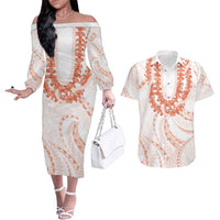 Aloha Lei Onaona Couples Matching Off The Shoulder Long Sleeve Dress and Hawaiian Shirt Red Hawaiian Tribal Pattern