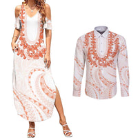 Aloha Lei Onaona Couples Matching Summer Maxi Dress and Long Sleeve Button Shirt Red Hawaiian Tribal Pattern