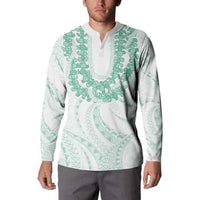 Aloha Lei Onaona Button Sweatshirt Sage Green Hawaiian Tribal Pattern