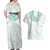 Aloha Lei Onaona Couples Matching Off Shoulder Maxi Dress and Hawaiian Shirt Sage Green Hawaiian Tribal Pattern