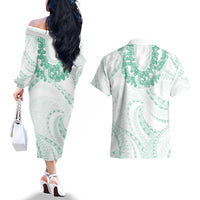Aloha Lei Onaona Couples Matching Off The Shoulder Long Sleeve Dress and Hawaiian Shirt Sage Green Hawaiian Tribal Pattern