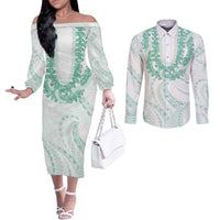 Aloha Lei Onaona Couples Matching Off The Shoulder Long Sleeve Dress and Long Sleeve Button Shirt Sage Green Hawaiian Tribal Pattern