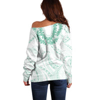 Aloha Lei Onaona Off Shoulder Sweater Sage Green Hawaiian Tribal Pattern LT9 - Polynesian Pride