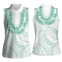 Aloha Lei Onaona Women Sleeveless Polo Shirt Sage Green Hawaiian Tribal Pattern