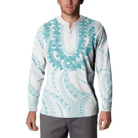 Aloha Lei Onaona Button Sweatshirt Teal Hawaiian Tribal Pattern