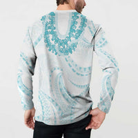 Aloha Lei Onaona Button Sweatshirt Teal Hawaiian Tribal Pattern