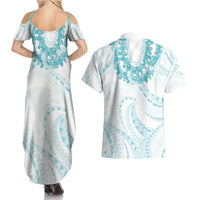 Aloha Lei Onaona Couples Matching Summer Maxi Dress and Hawaiian Shirt Teal Hawaiian Tribal Pattern