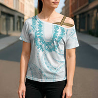 Aloha Lei Onaona Cross Shoulder Shirt Teal Hawaiian Tribal Pattern - Polynesian Pride