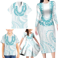 Aloha Lei Onaona Family Matching Long Sleeve Bodycon Dress and Hawaiian Shirt Teal Hawaiian Tribal Pattern