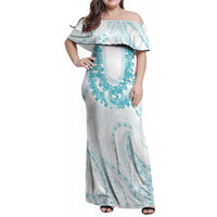 Aloha Lei Onaona Family Matching Off Shoulder Maxi Dress and Hawaiian Shirt Teal Hawaiian Tribal Pattern