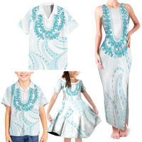 Aloha Lei Onaona Family Matching Tank Maxi Dress and Hawaiian Shirt Teal Hawaiian Tribal Pattern