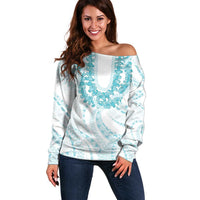 Aloha Lei Onaona Off Shoulder Sweater Teal Hawaiian Tribal Pattern LT9 Women Teal - Polynesian Pride