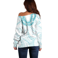 Aloha Lei Onaona Off Shoulder Sweater Teal Hawaiian Tribal Pattern LT9 - Polynesian Pride