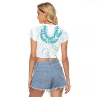 Aloha Lei Onaona Raglan Cropped T Shirt Teal Hawaiian Tribal Pattern LT9 - Polynesian Pride