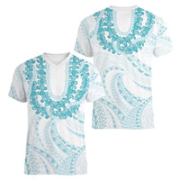 Aloha Lei Onaona Women V-Neck T-Shirt Teal Hawaiian Tribal Pattern LT9 - Polynesian Pride