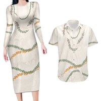 Aloha Lei Mikioi Couples Matching Long Sleeve Bodycon Dress and Hawaiian Shirt Beige Polynesian Tribal Tatau Pattern