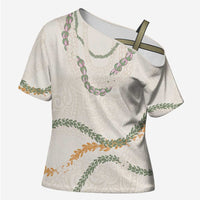 Aloha Lei Mikioi Cross Shoulder Shirt Beige Polynesian Tribal Tatau Pattern - Polynesian Pride