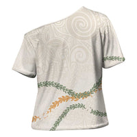 Aloha Lei Mikioi Cross Shoulder Shirt Beige Polynesian Tribal Tatau Pattern - Polynesian Pride