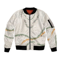 Aloha Lei Mikioi Sleeve Zip Bomber Jacket Beige Polynesian Tribal Tatau Pattern