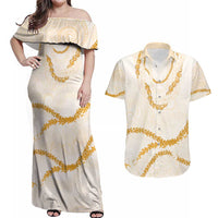 Aloha Lei Mikioi Couples Matching Off Shoulder Maxi Dress and Hawaiian Shirt Gold Polynesian Tribal Tatau Pattern