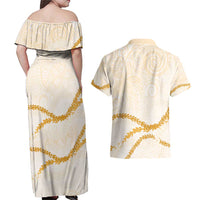 Aloha Lei Mikioi Couples Matching Off Shoulder Maxi Dress and Hawaiian Shirt Gold Polynesian Tribal Tatau Pattern