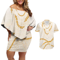 Aloha Lei Mikioi Couples Matching Off Shoulder Short Dress and Hawaiian Shirt Gold Polynesian Tribal Tatau Pattern
