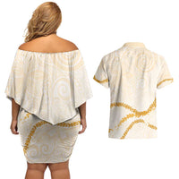 Aloha Lei Mikioi Couples Matching Off Shoulder Short Dress and Hawaiian Shirt Gold Polynesian Tribal Tatau Pattern
