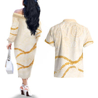 Aloha Lei Mikioi Couples Matching Off The Shoulder Long Sleeve Dress and Hawaiian Shirt Gold Polynesian Tribal Tatau Pattern