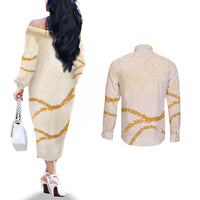 Aloha Lei Mikioi Couples Matching Off The Shoulder Long Sleeve Dress and Long Sleeve Button Shirt Gold Polynesian Tribal Tatau Pattern