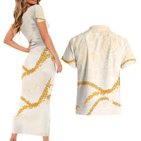 Aloha Lei Mikioi Couples Matching Short Sleeve Bodycon Dress and Hawaiian Shirt Gold Polynesian Tribal Tatau Pattern