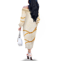 Aloha Lei Mikioi Family Matching Off The Shoulder Long Sleeve Dress and Hawaiian Shirt Gold Polynesian Tribal Tatau Pattern