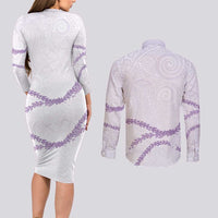Aloha Lei Mikioi Couples Matching Long Sleeve Bodycon Dress and Long Sleeve Button Shirt Purple Polynesian Tribal Tatau Pattern